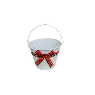 Bádog Kaspó Fehér, Kockás Masnival 140-B-110 - D16*H12cm